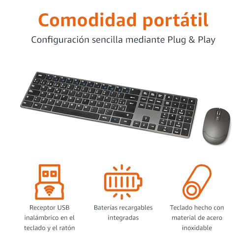 Thumbnail 1 de Amazon Basics Teclado ultrafino y ratón inalámbrable con teclado numérico (ES/MX) – Gris/Negro