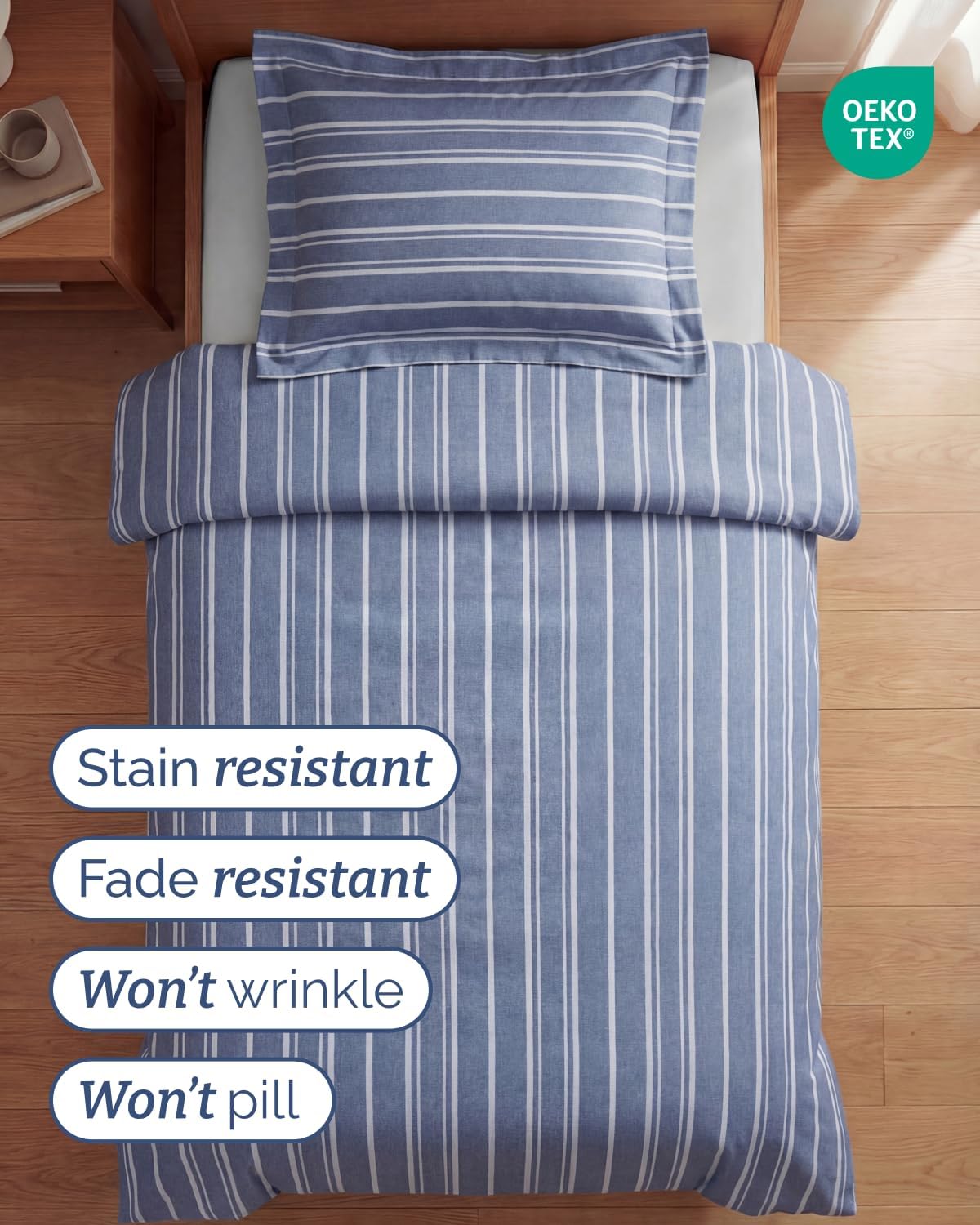 Detalle de Blue Stripes 3 Twin/Twin XL Duvet Cover (68" x 90") with Zipper Closure and Corner Ties