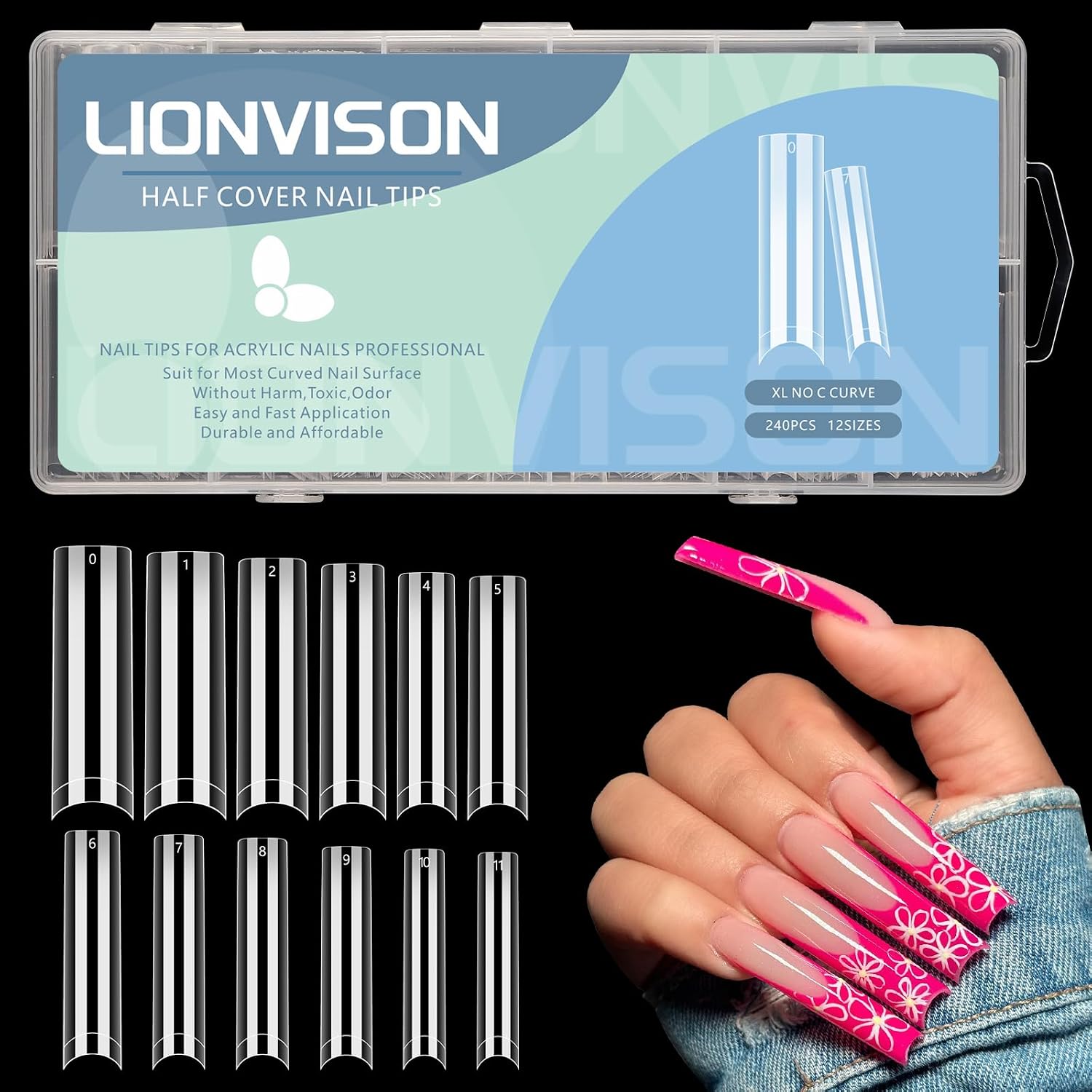 Detalle de LIONVISON JIO027 XXL Square Nail Tips, Clear Half-Cover, No-C-Curve, 12 Sizes