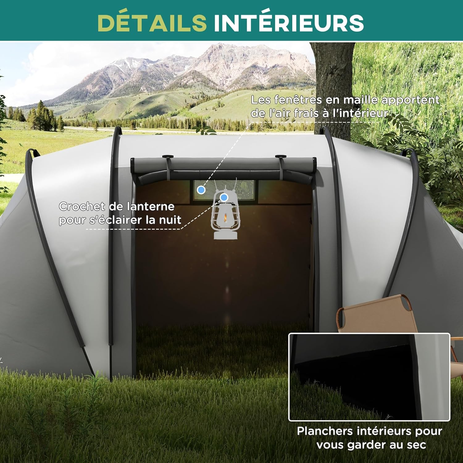 Thumbnail 4 de Outsunny Tente de Camping familiale 4-5 personnes, 2 chambres, 3000 mm – montage facile