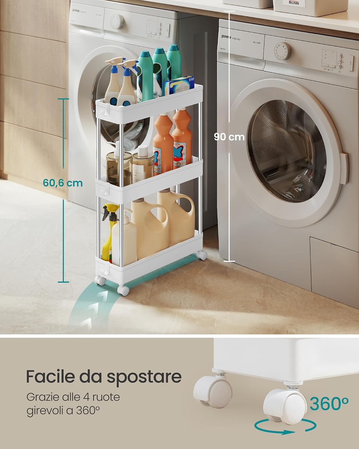Detalle 2 de SONGMICS Carrello Portaoggetti a 3 Livelli KSC007W01: efficiente, snello e versatile per casa, cucina e ufficio