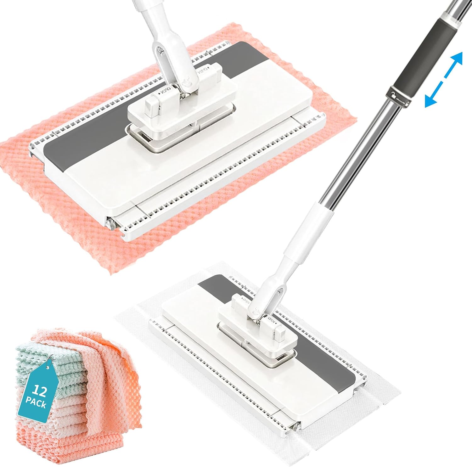 Lazy Snap Grip Flat Mop with 12 Washable Pads: Hands Free, One-Click Cleaning