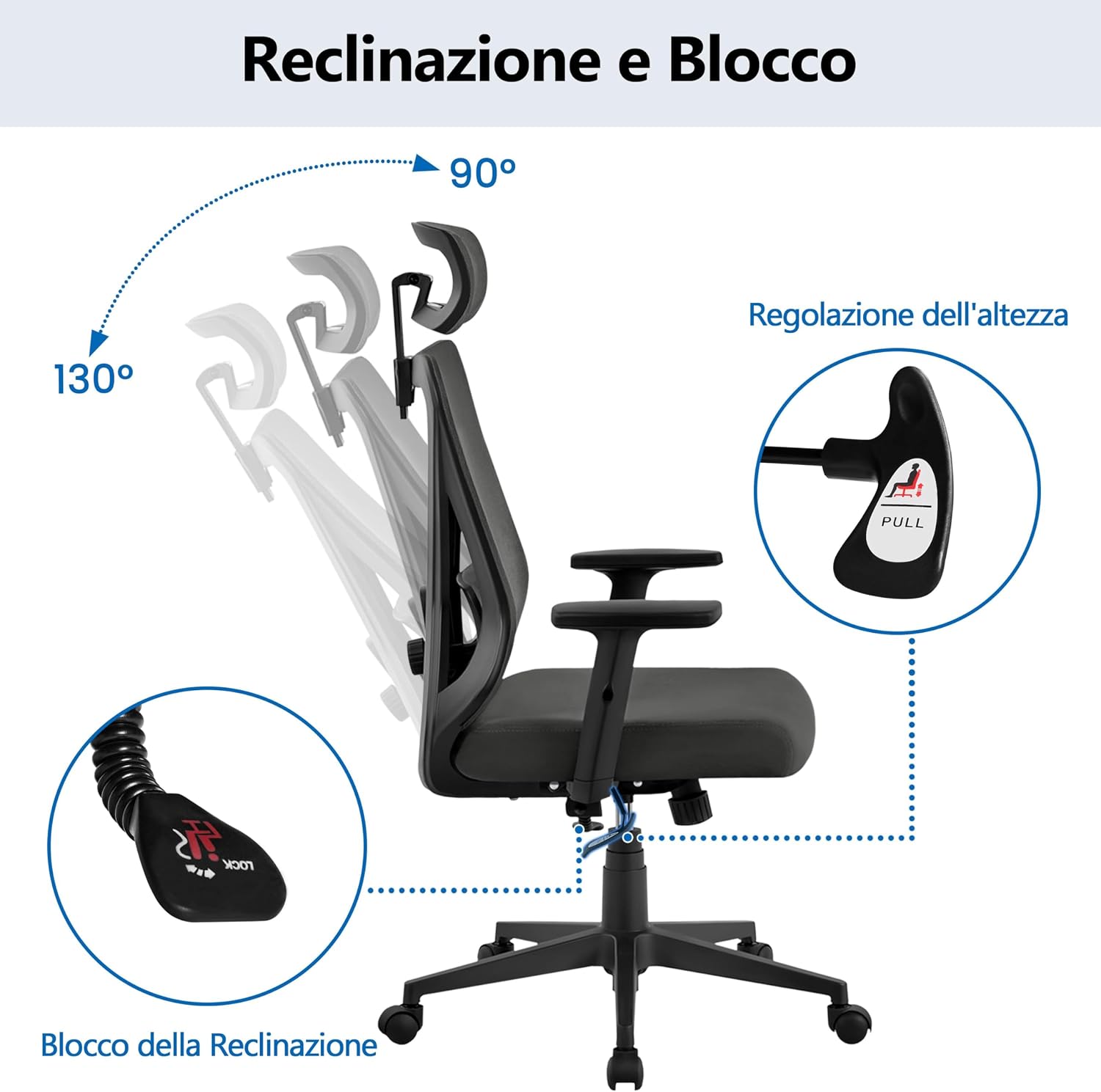 Thumbnail 3 de Yaheetech Poltrona da Ufficio Ergonomica con Schienale a S, Reclinabile e Bloccabile tra 90° e 130° (Rete Traspirante)
