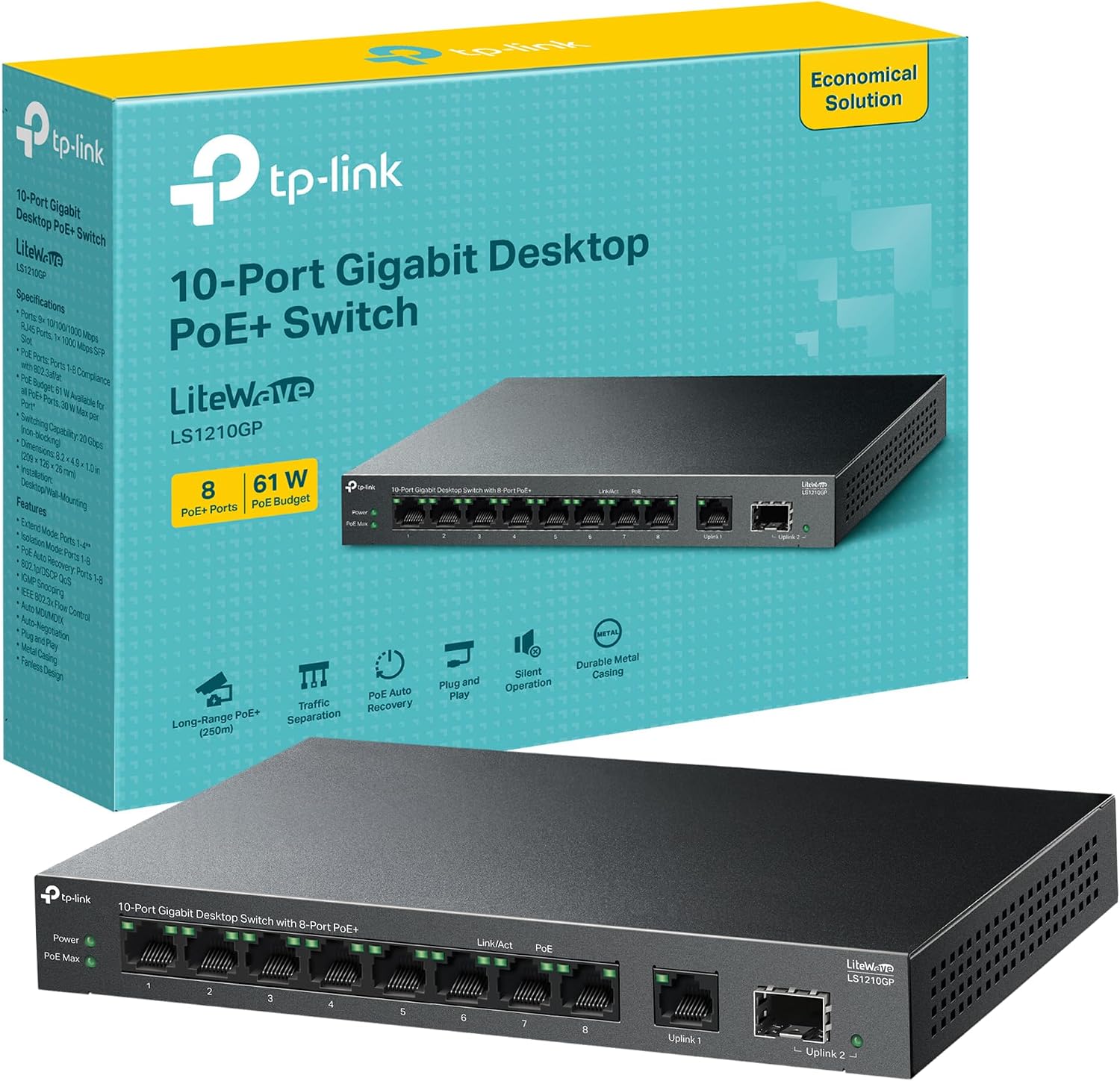 Detalle de TP-Link LS1210GP 61W PoE+ 10‑Port Gigabit Switch