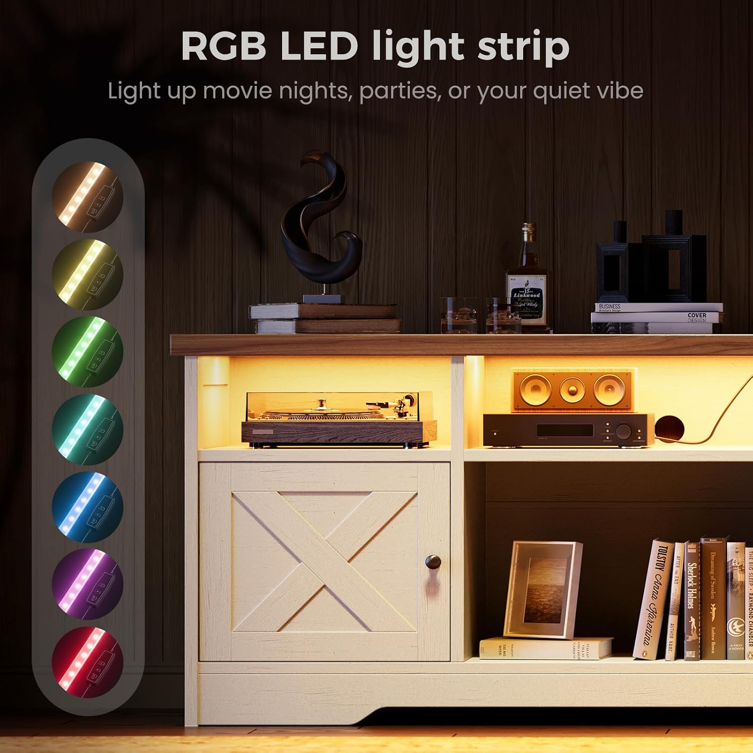 Thumbnail 3 de Casaottima 0724FXAJARN Farmhouse TV Stand for 65-Inch TVs with LED Lighting