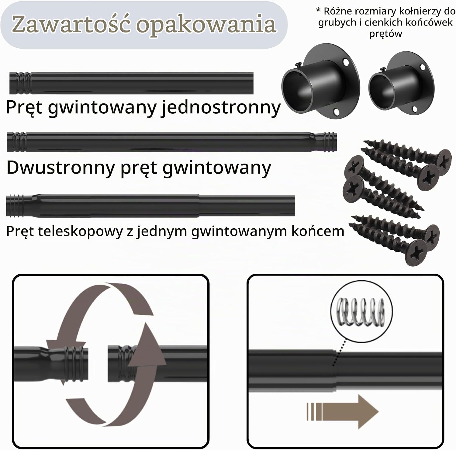Detalle de Venwemong regulowany drążek do szafy 68–110 cm, stal nierdzewna, biały, Ø 25 mm