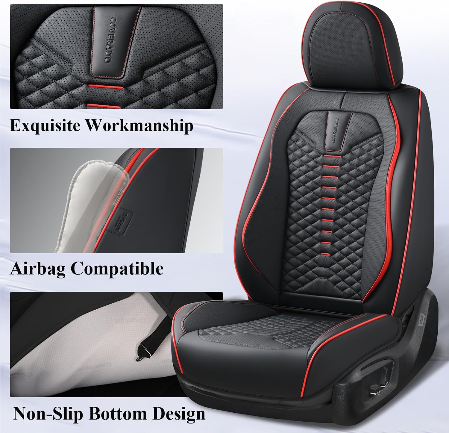 Detalle 2 de Coverado Coverado Seat Covers Full Set (Waterproof Nappa Leather), Universal 5-Seat Car Protectors for Most Cars—Black & Red