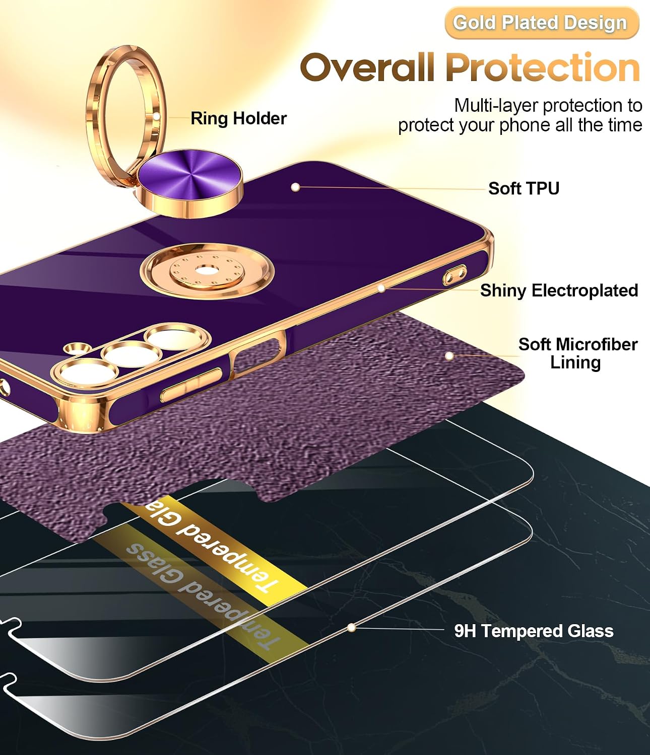 Thumbnail 1 de LeYi Galaxy A16 5G Case (2-Pack) with Tempered Glass Screen Protectors and 360° Magnetic Ring Stand in Rose Gold Edge, Deep Purple