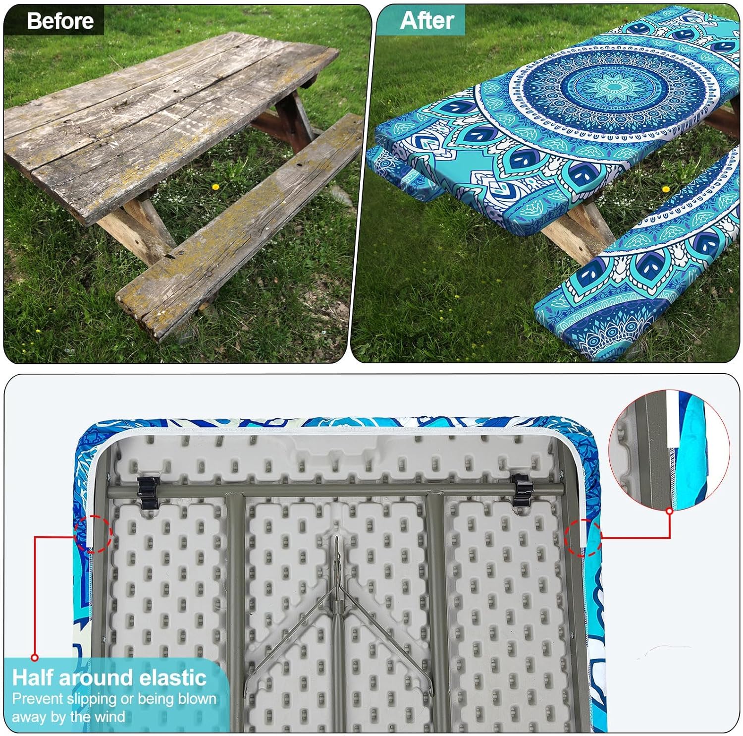 Detalle 2 de Picnic Table Cover with Bench Covers for 6FT Tables (72in) — Waterproof, Windproof Set with Drawstring Bag, Beige Linen Texture