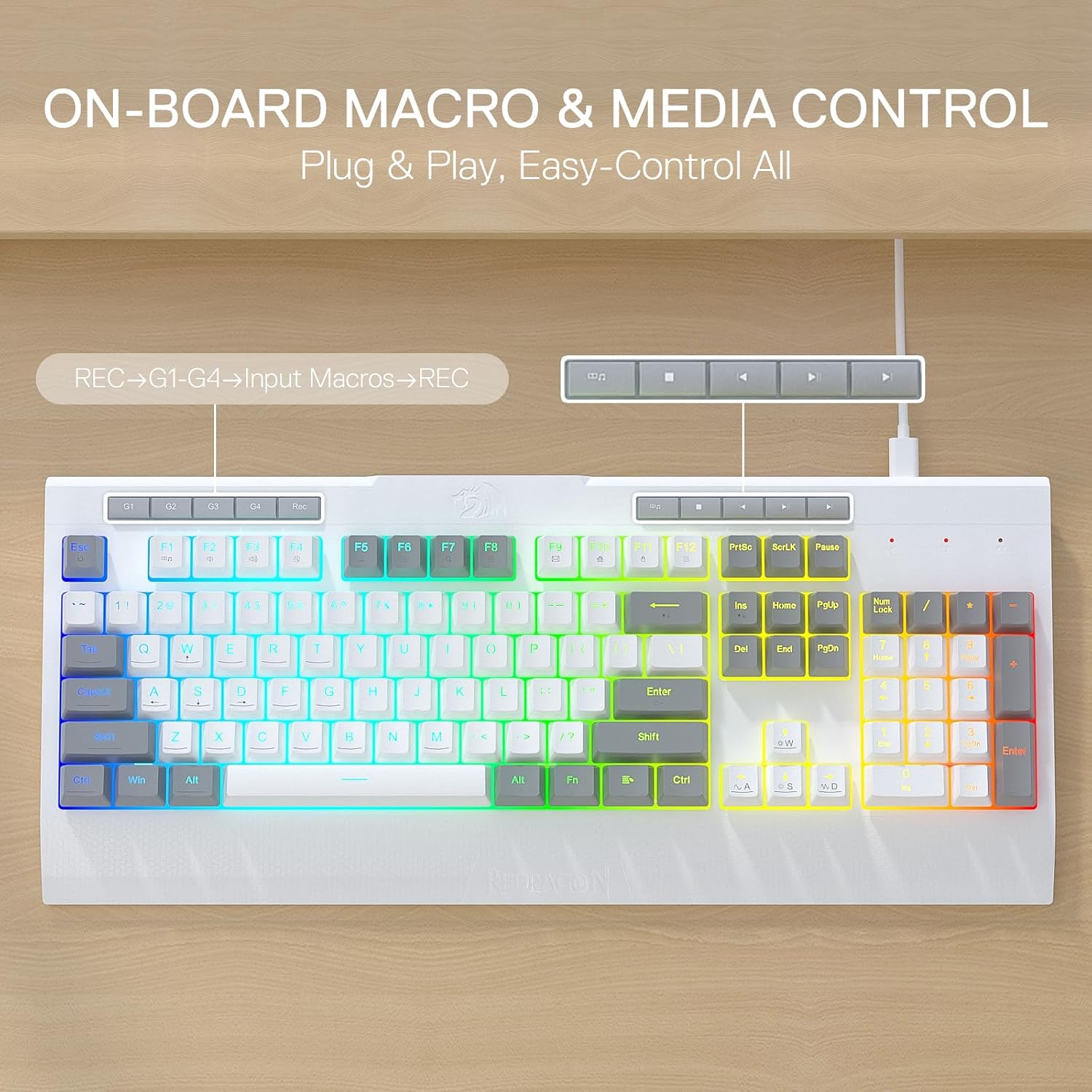 Detalle de Redragon K525 RGB Backlit Membrane Gaming Keyboard with Multimedia Keys and Macro Controls