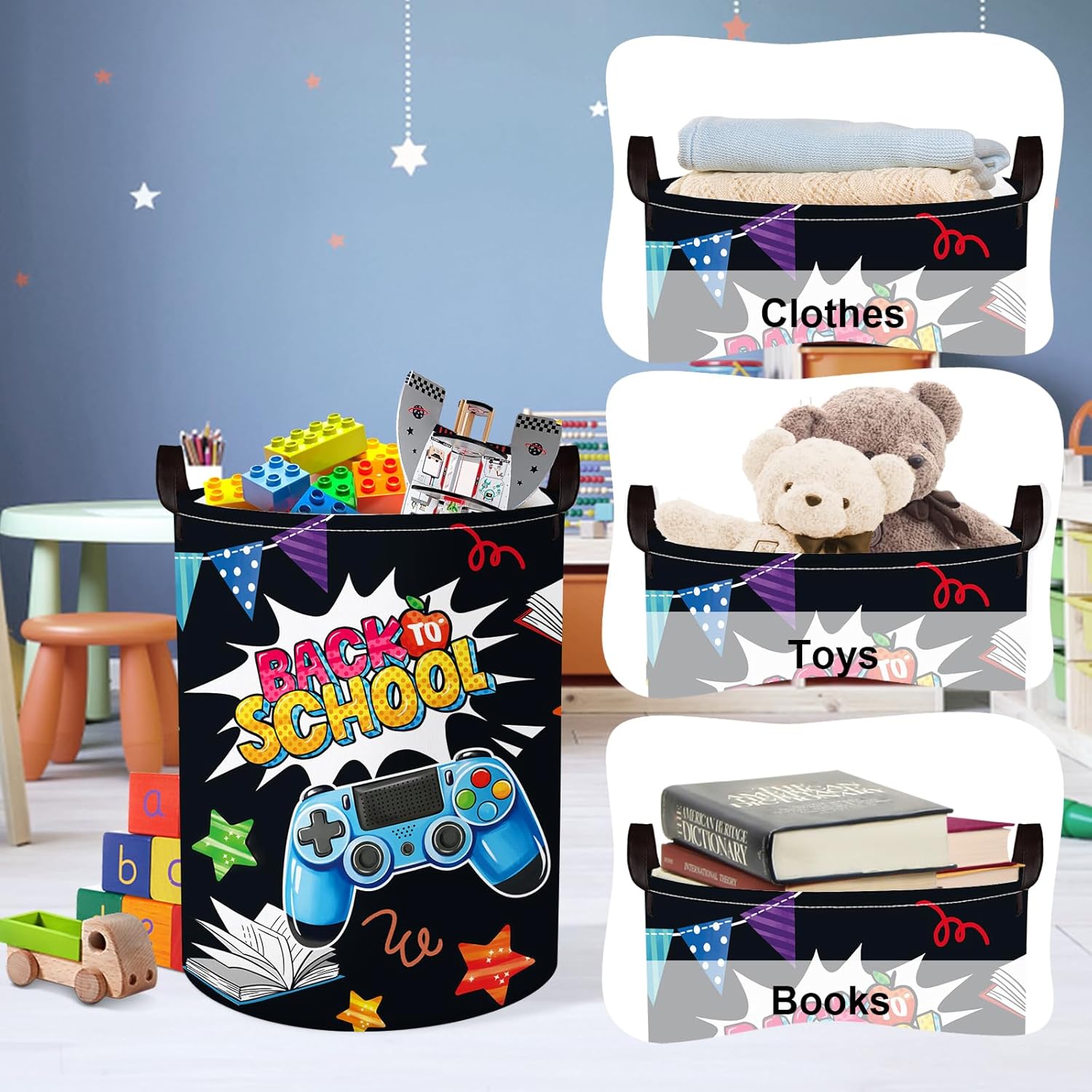 Detalle de Clastyle Gamer Laundry Hamper Collapsible Clothes Basket for Kids – 36x45 cm, Black (Waterproof PE Coating)