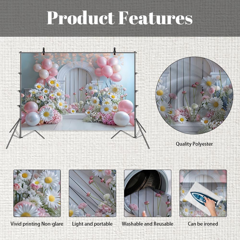 Thumbnail 4 de MEHOFOND 8x6ft Pink Girl Floral Backdrop (Daisies) for Cake Smash, Baby Showers & Photo Setups