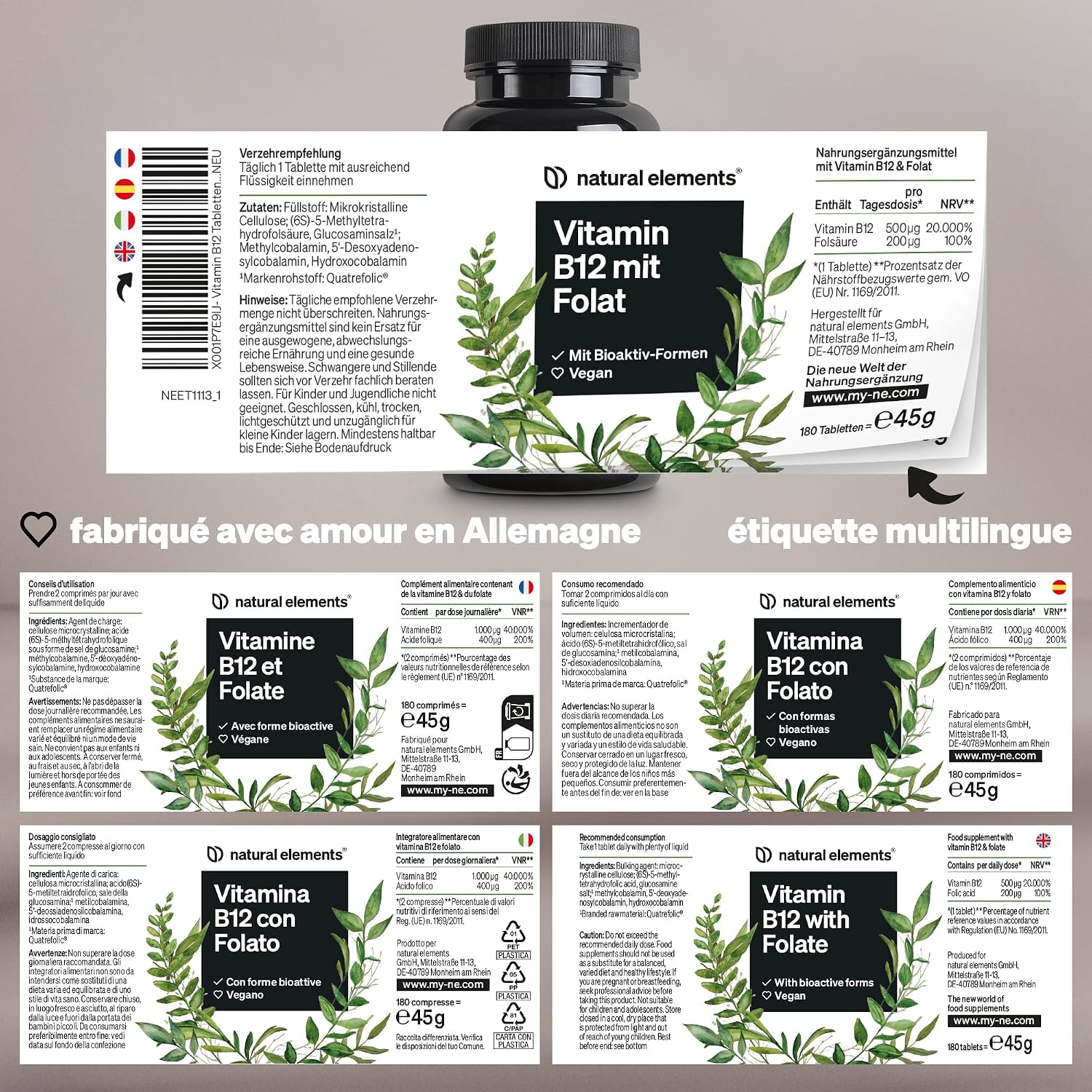 Thumbnail 4 de Vitamine B12-180 comprimés végétaliens – 500 µg B12 et 200 µg d’acide folique (6 mois)