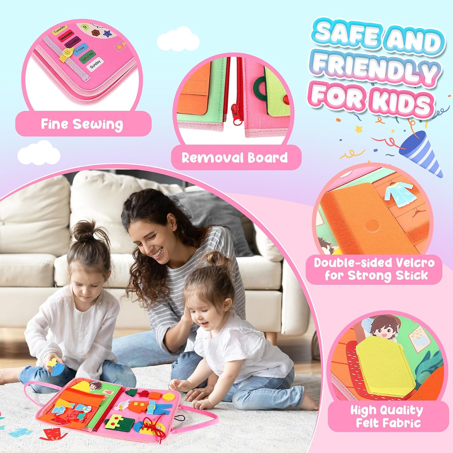 Detalle de Busy Board Montessori Busy Book for Toddlers, 6 Felt Pages for Travel
