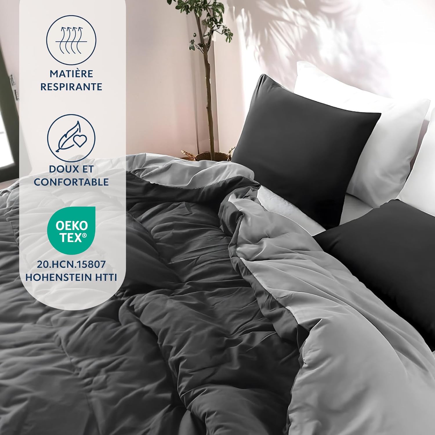 Thumbnail 1 de Dreamzie Parure de lit 200x200 en microfibre noire/gris foncé (housse de couette + 2 taies 65x65) 3 pièces