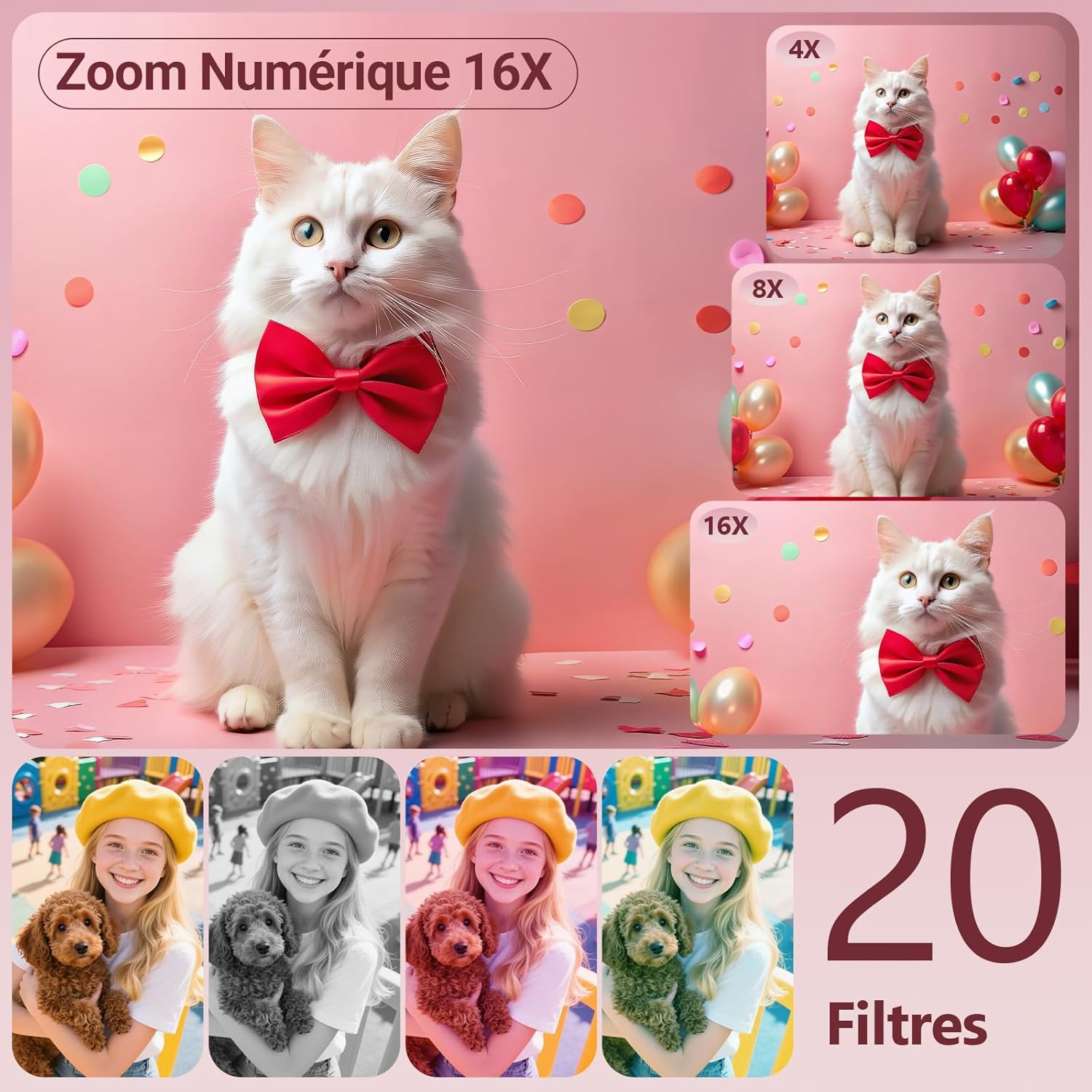 Detalle de Appareil photo numérique 44MP rose (anti-tremblement) avec vidéo HD 1080P, écran IPS 2,4”, zoom numérique 16X et carte 32GB