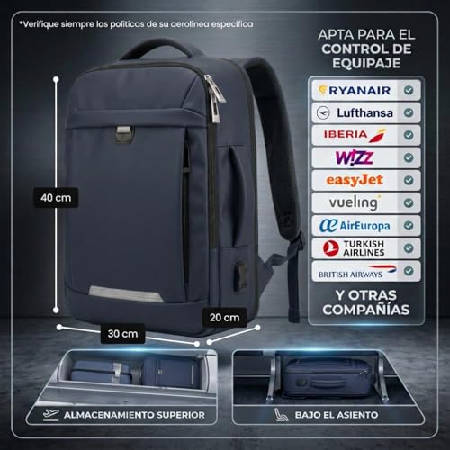 Detalle de EDIESI Mochila de Cabina 40x30x20 cm: Expandible, impermeable y con puerto USB para portátil 15,6” — Azul Marino