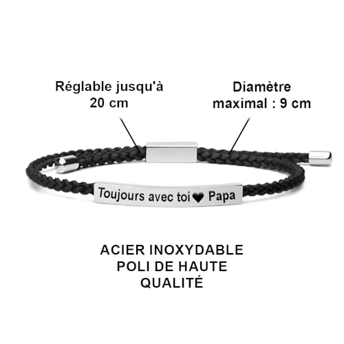 Detalle de Bramart bracelet homme gravé « Toujours avec toi Papa », acier et corde tressée