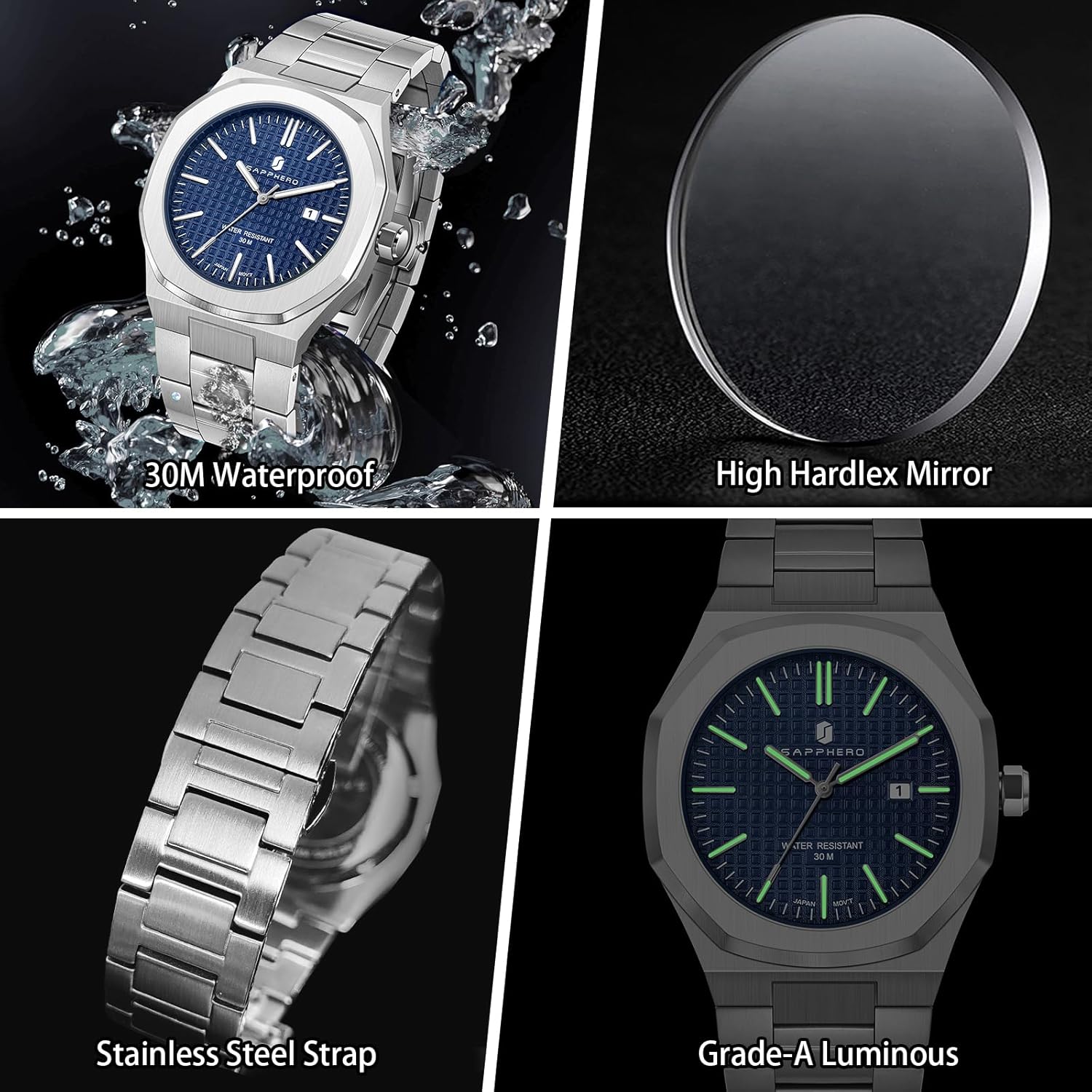 Thumbnail 3 de SAPPHERO Herrenarmanduhr mit Quarzwerk, Edelstahl, 42 mm – Datumkalender, 50 m Wasserdicht