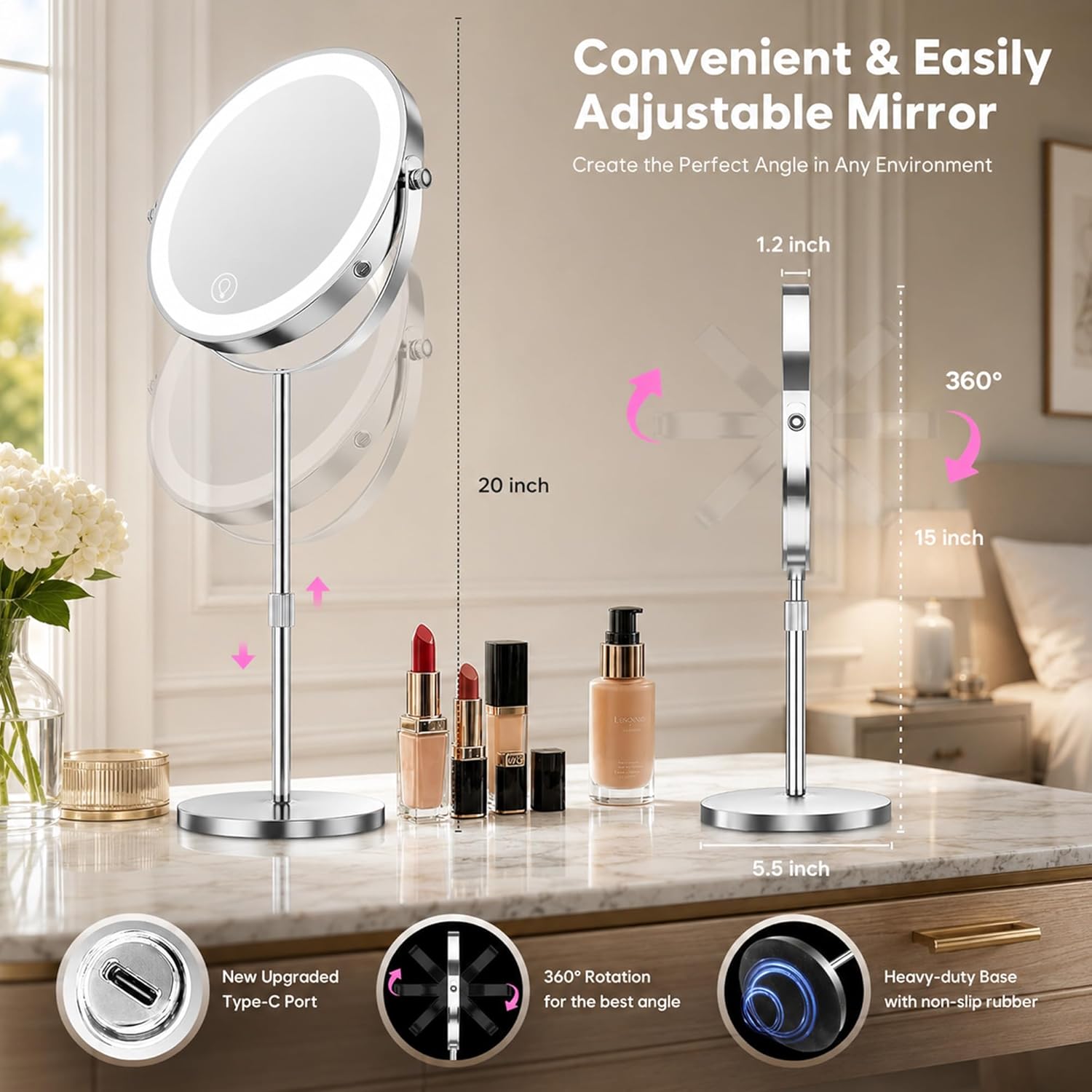 Thumbnail 4 de Dienmern Lighted Makeup Mirror with 1X/20X Magnification, 360° Rotation, and 5000mAh Rechargeable Battery