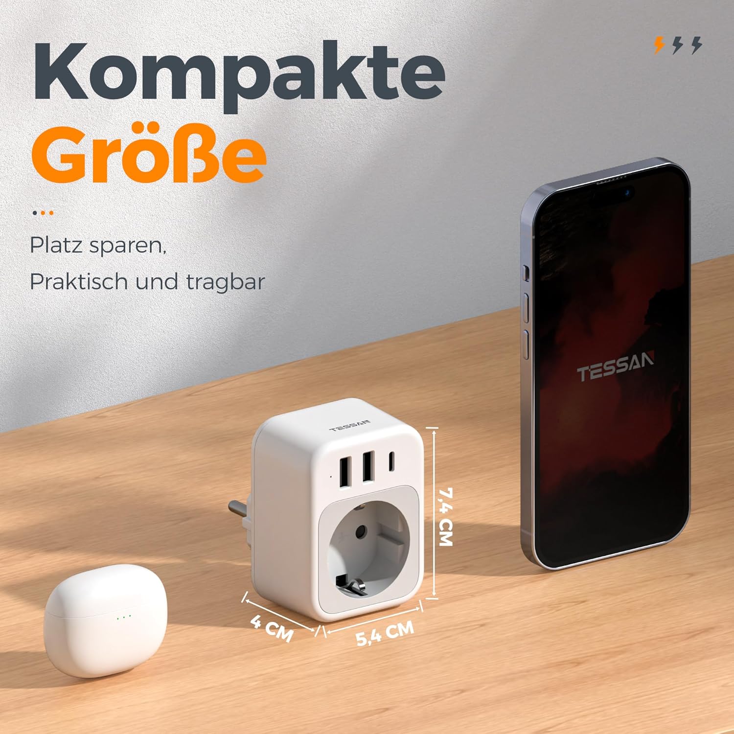 Thumbnail 6 de TESSAN Steckdose mit USB-C und 3 USB (Schuko) – Mehrfachstecker für bis zu 4 Geräte, grau