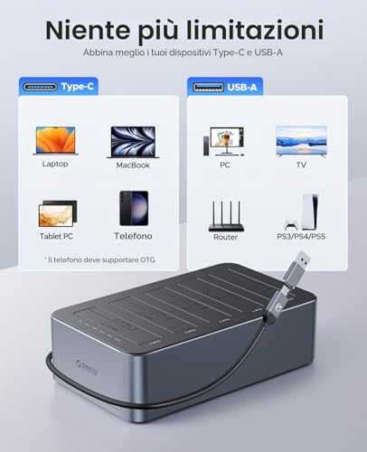Detalle de ORICO Alluminio Docking Station 5 Bay per HDD/SSD 2,5"/3,5" con Clone Offline 1:4 e Alimentazione (6656C3-C)