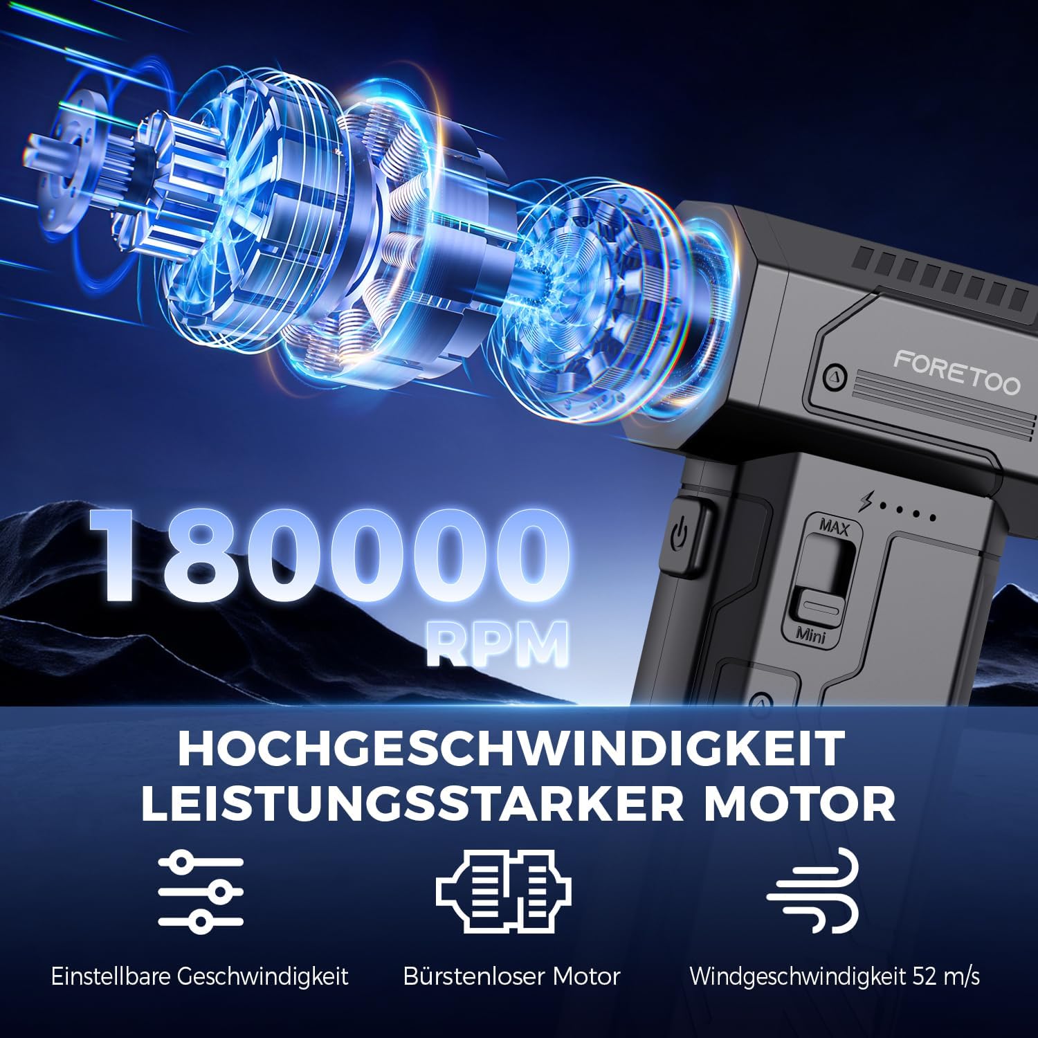 Detalle de Druckluft-Luftreiniger 180.000 U/min – kabelloser Luftreiniger mit 7500 mAh Akku und 3-Gang Turbo
