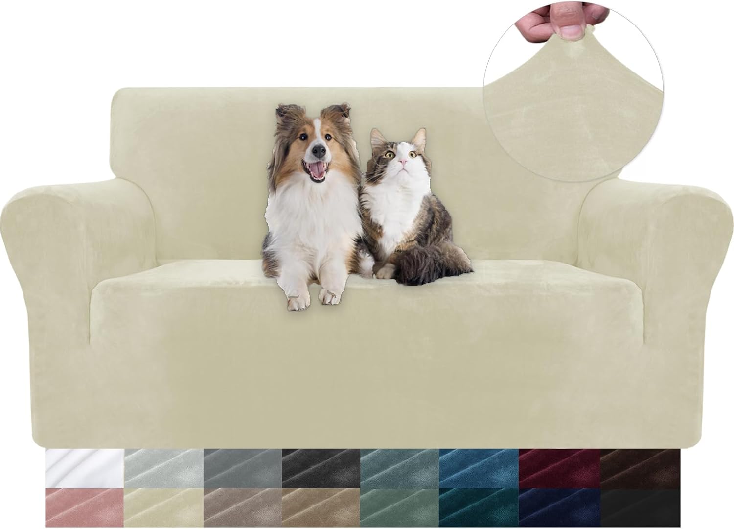 Detalle de YSTELLAA Housse de canapé en velours 2 places universelle beige avec accoudoirs