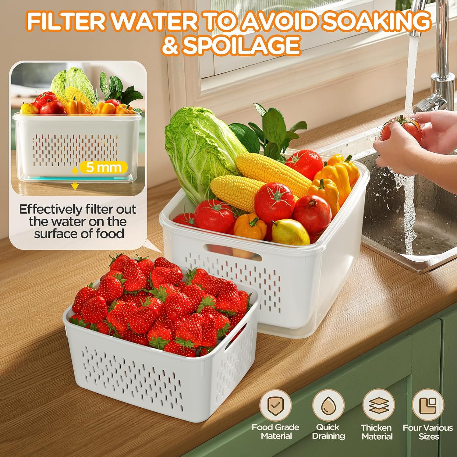 Thumbnail 2 de 5-Pack Fruit Storage Containers with Removable Colanders — 4-in-1 Fridge Organizer Bins
