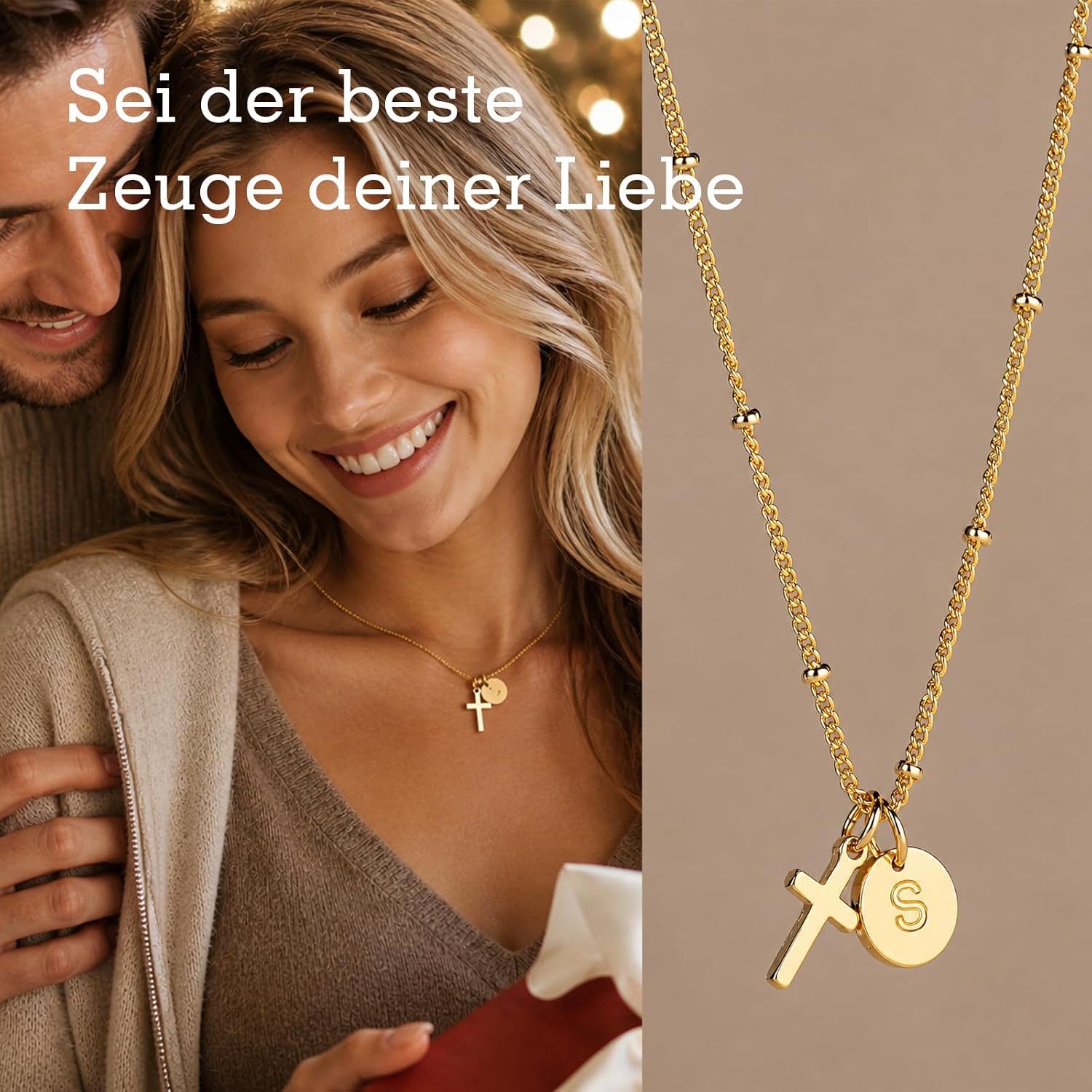 Detalle de Kreuzkette Damen Gold mit Buchstaben Anhänger – 18K Vergoldung, personalisierbar