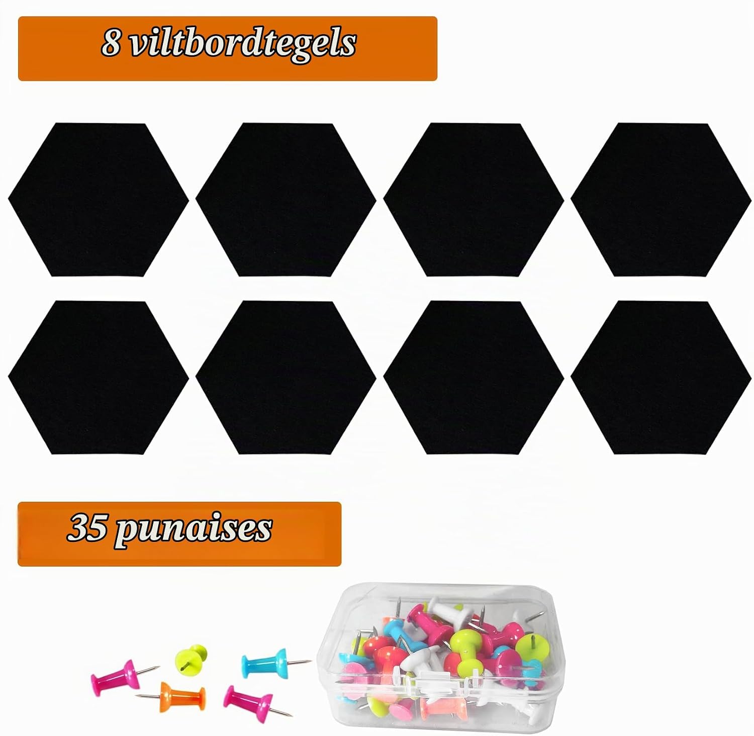 Detalle 1 de HULAVO ED-HFB-Black vilten prikbordtegels, 8 zwarte zeshoeken