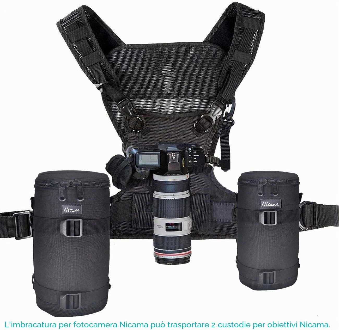 Detalle de Nicama Imbracatura Pettorale per Fotocamera — cinturino doppio, sgancio rapido e trasporto sicuro per DSLR