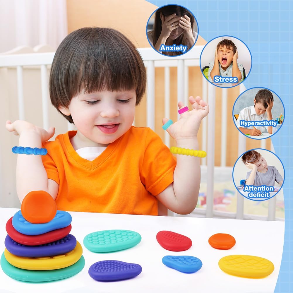 Detalle de Aolso Fidget Toys: 4 braccialetti elastici, 6 anelli e pietre sensoriali per antistress – set multiuso