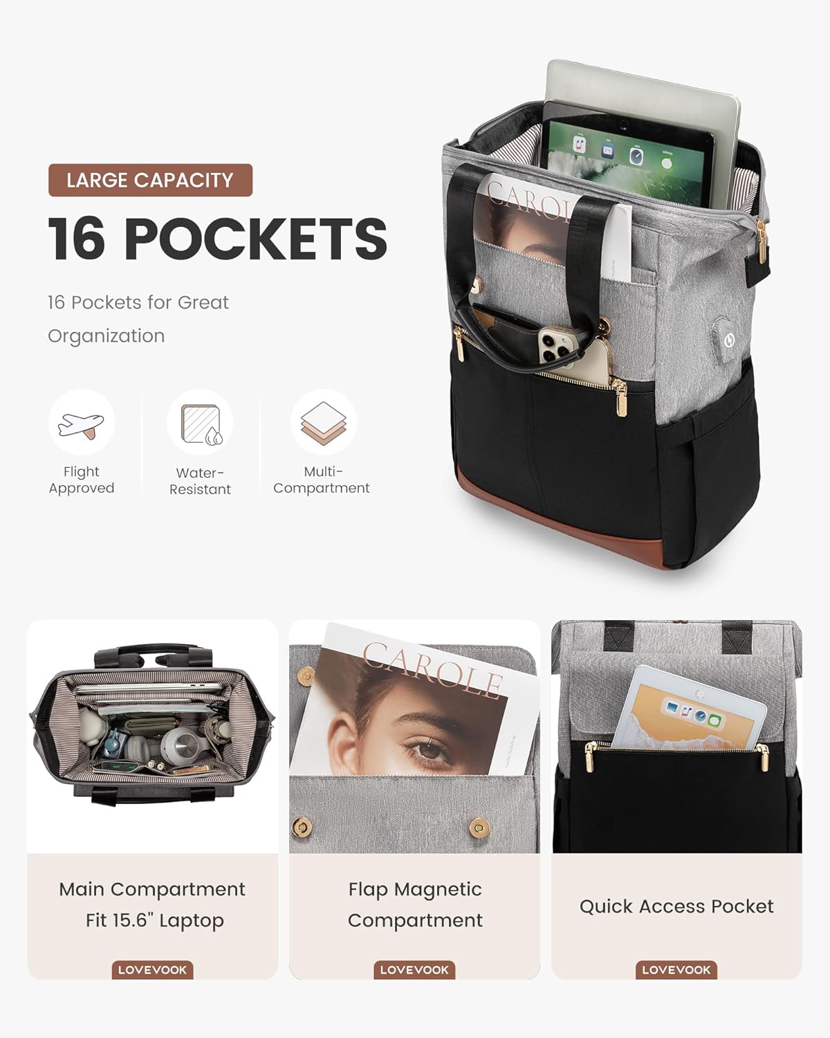 Detalle de LOVEVOOK Sac à dos pour ordinateur portable 15,6 pouces – Gris et noir, 17,3 Zoll, femme