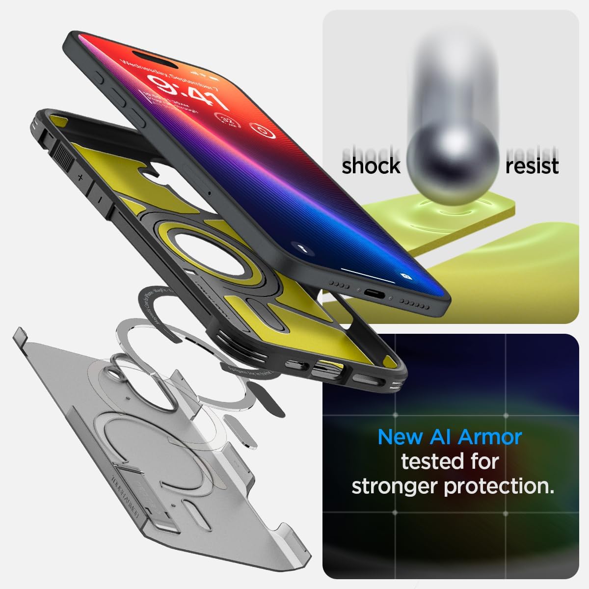 Detalle de Spigen Tough Armor (AI) MagFit pour iPhone 16 6,1 pouces – Frost Noir