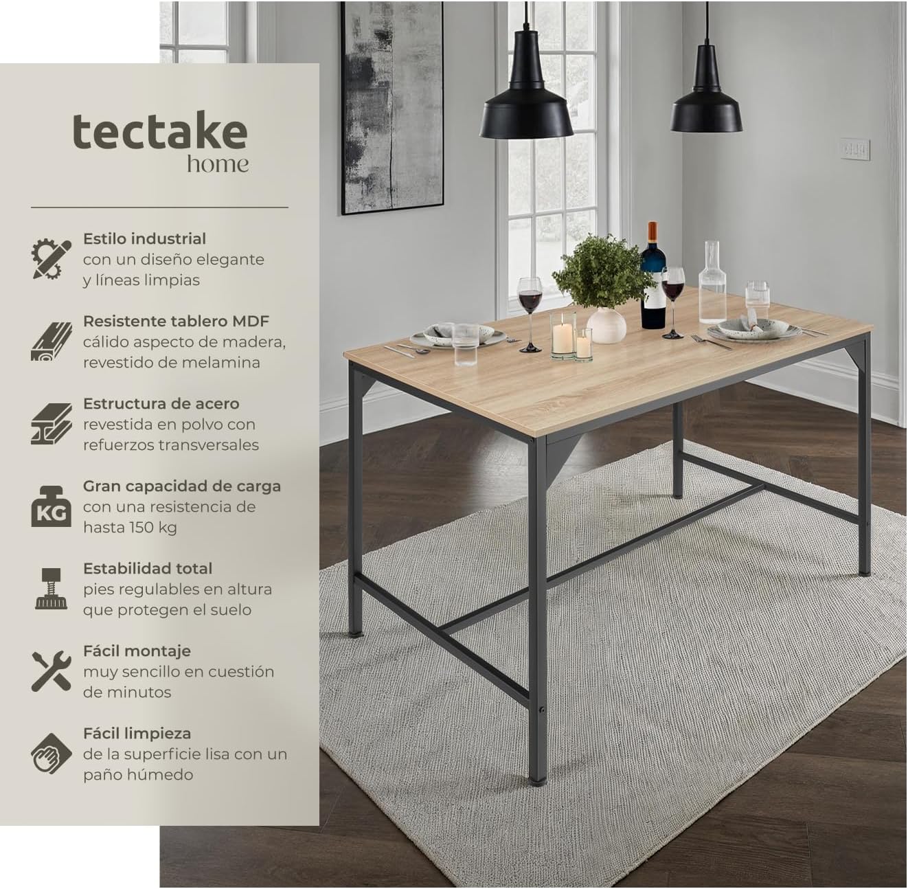 Thumbnail 3 de tectake Mesa comedor Industrial 120x75 cm