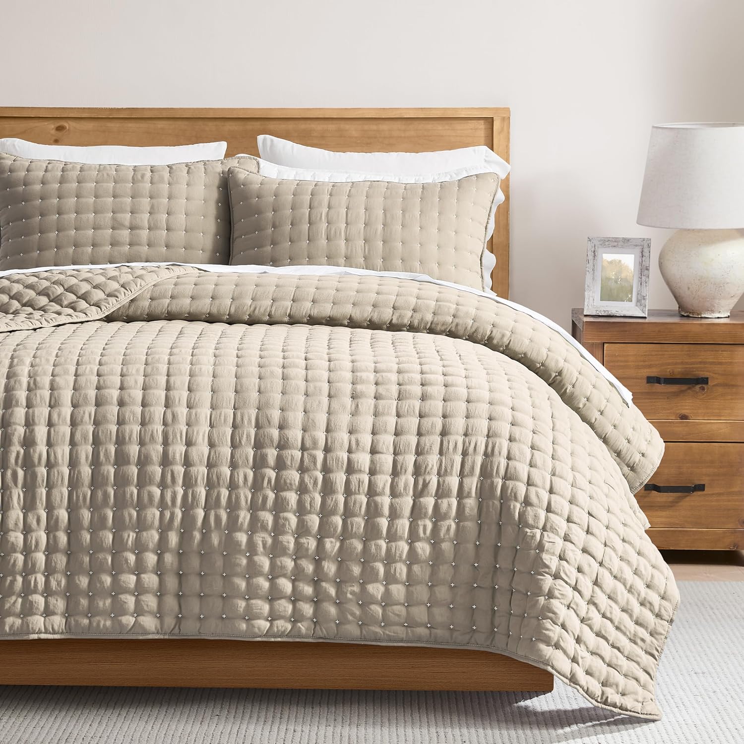 WDCOZY Beige California King Quilt Bedding Set with Pillow Shams (3 Pieces)