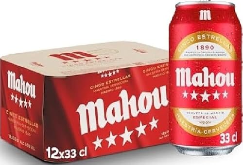 Detalle de Mahou 5 Estrellas – Pack de 12 latas de 33 cl, Cerveza Lager Dorada