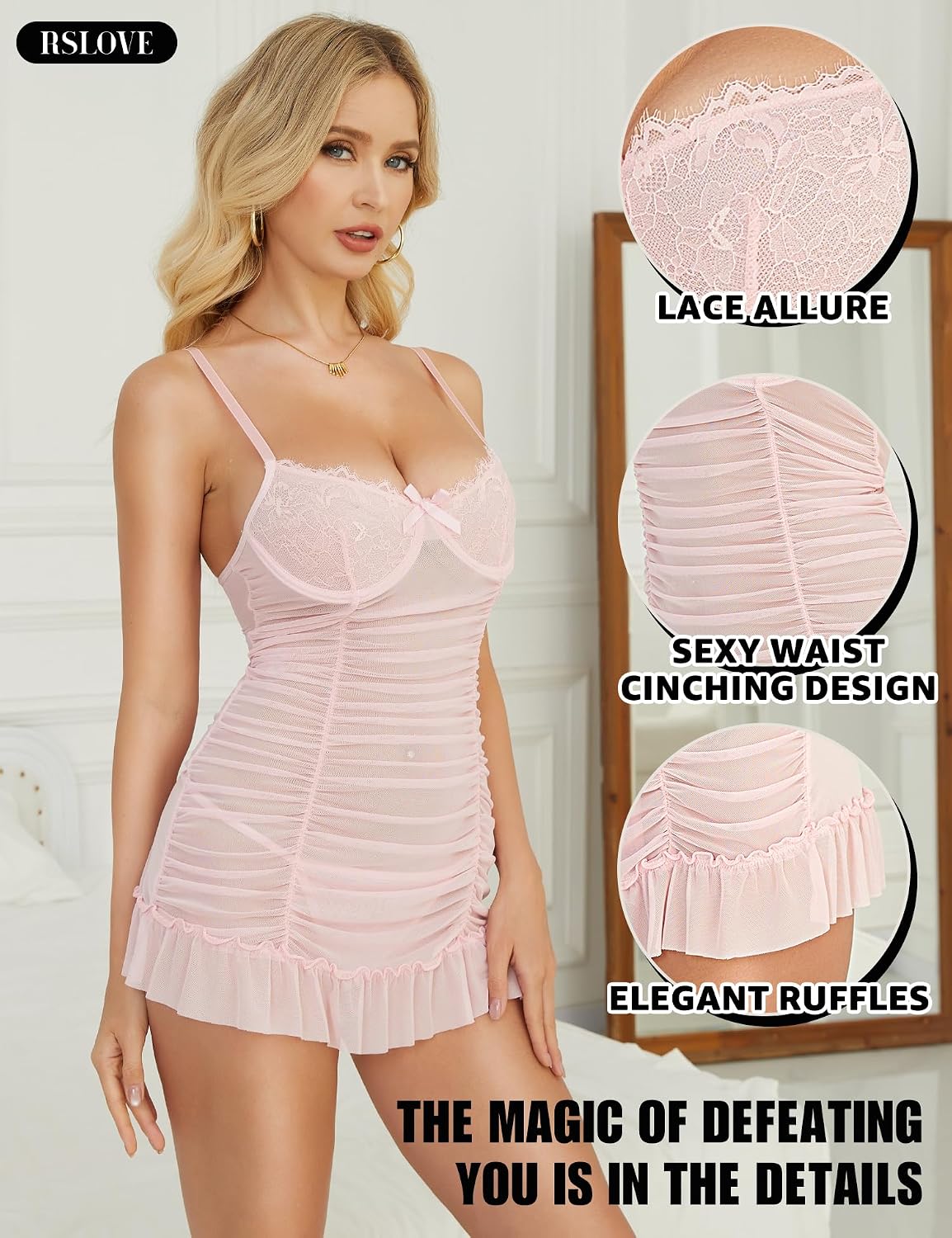 Detalle de RSLOVE Lingerie Sexy Nuisette Chemise - Robe de Femme Dentelle Babydoll avec String