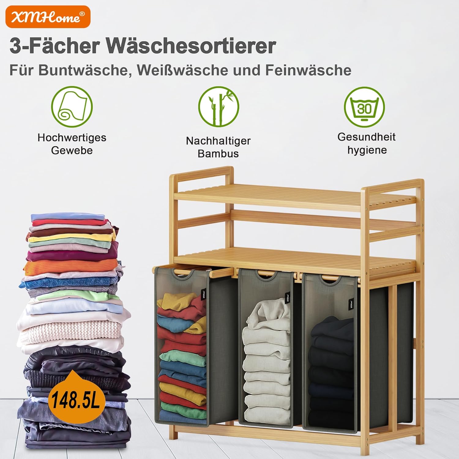 Thumbnail 3 de XMHome Wäschesammler 3 Fächer 148 L Dunkelgrau
