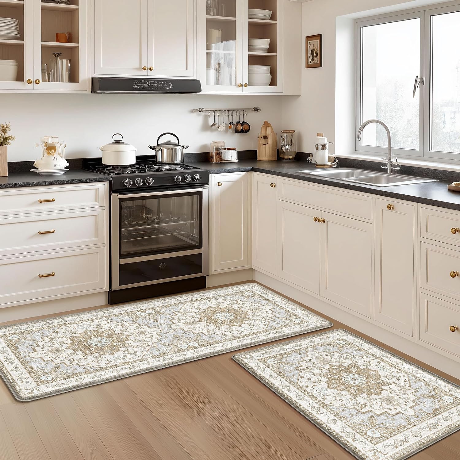 Thumbnail 6 de Boho Kitchen Mats for Floor 2 Piece Set - Anti Fatigue Cushioned PVC Rugs with Non-Slip Waterproof Backing (Beige Tan, 23.6" x 39" + 23.6" x 59")