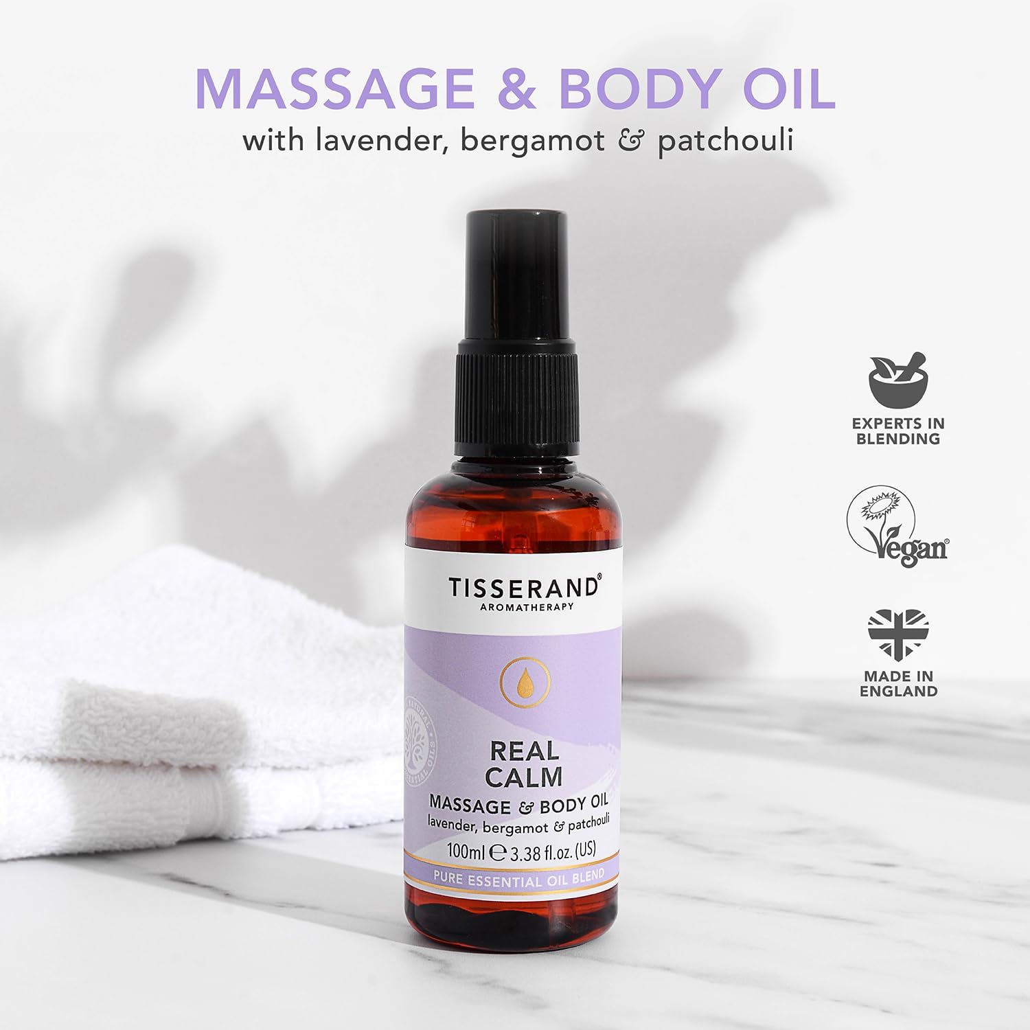 Detalle 2 de Tisserand Real Calm Massage & Body Oil: 100% Pure Essential Oil Blend (Lavender, Bergamot & Patchouli) 100ml