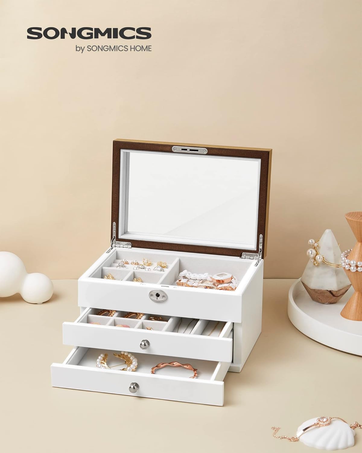 Thumbnail 1 de Songmics Boîte à Bijoux 3 Niveaux – Coffret en bois d'ingénierie avec miroir et Tiroirs (JOW15WN)