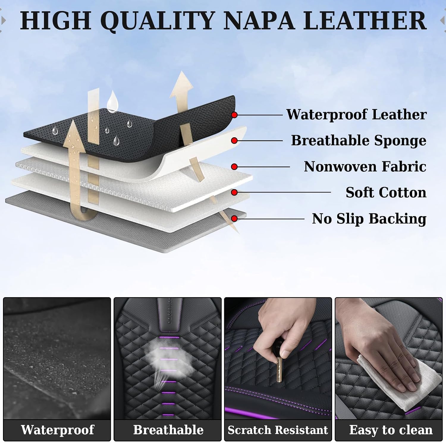 Detalle de Coverado Leather Car Seat Covers Full Set for 5 Seats in Black & Purple