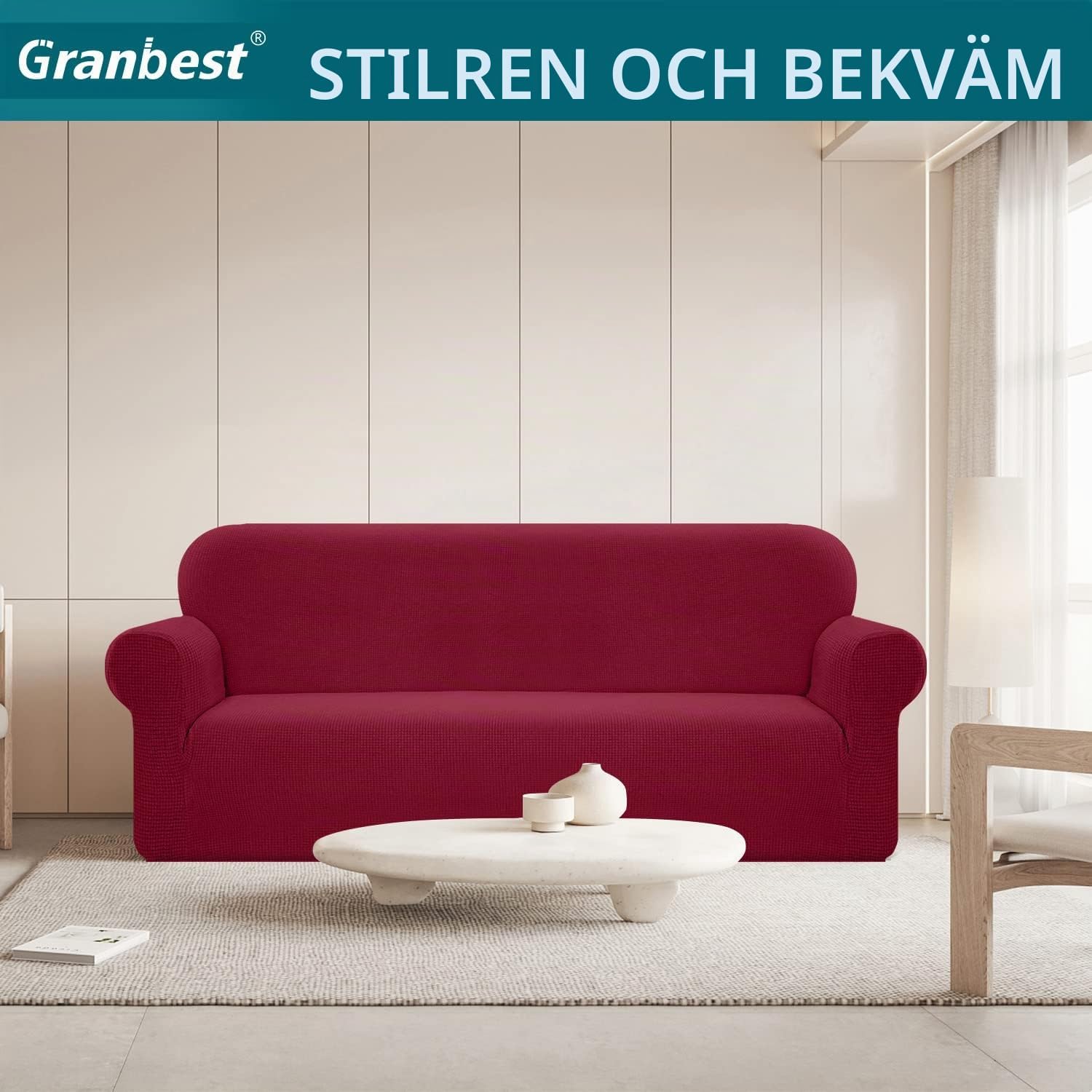 Detalle 2 de Granbest 1 stretchigt sofföverdrag i jacquard, vinrött och vattenavvisande