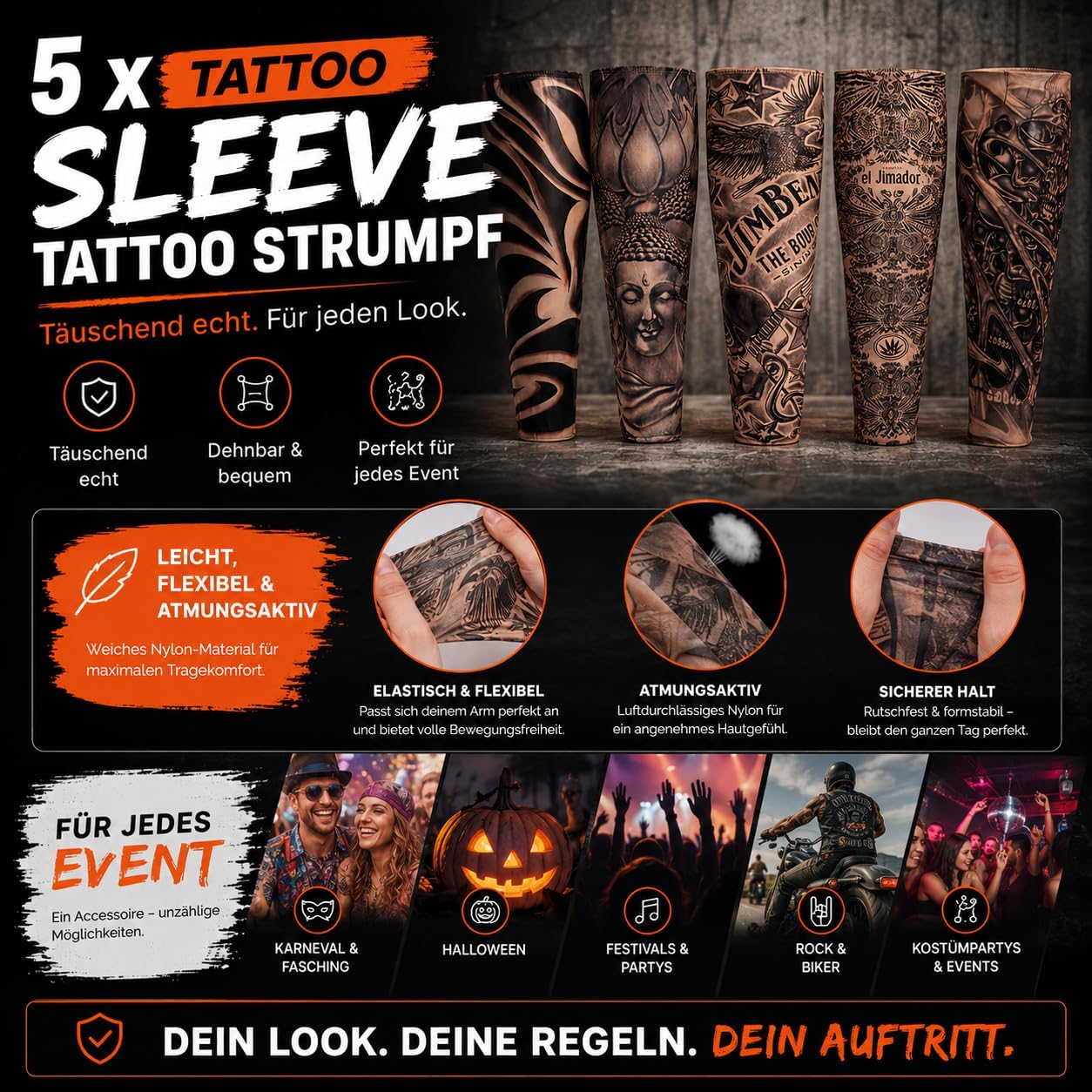 Detalle de Kostimheld® nylonowe rękawy imitujące tatuaże, styl rockera na karnawał i Halloween
