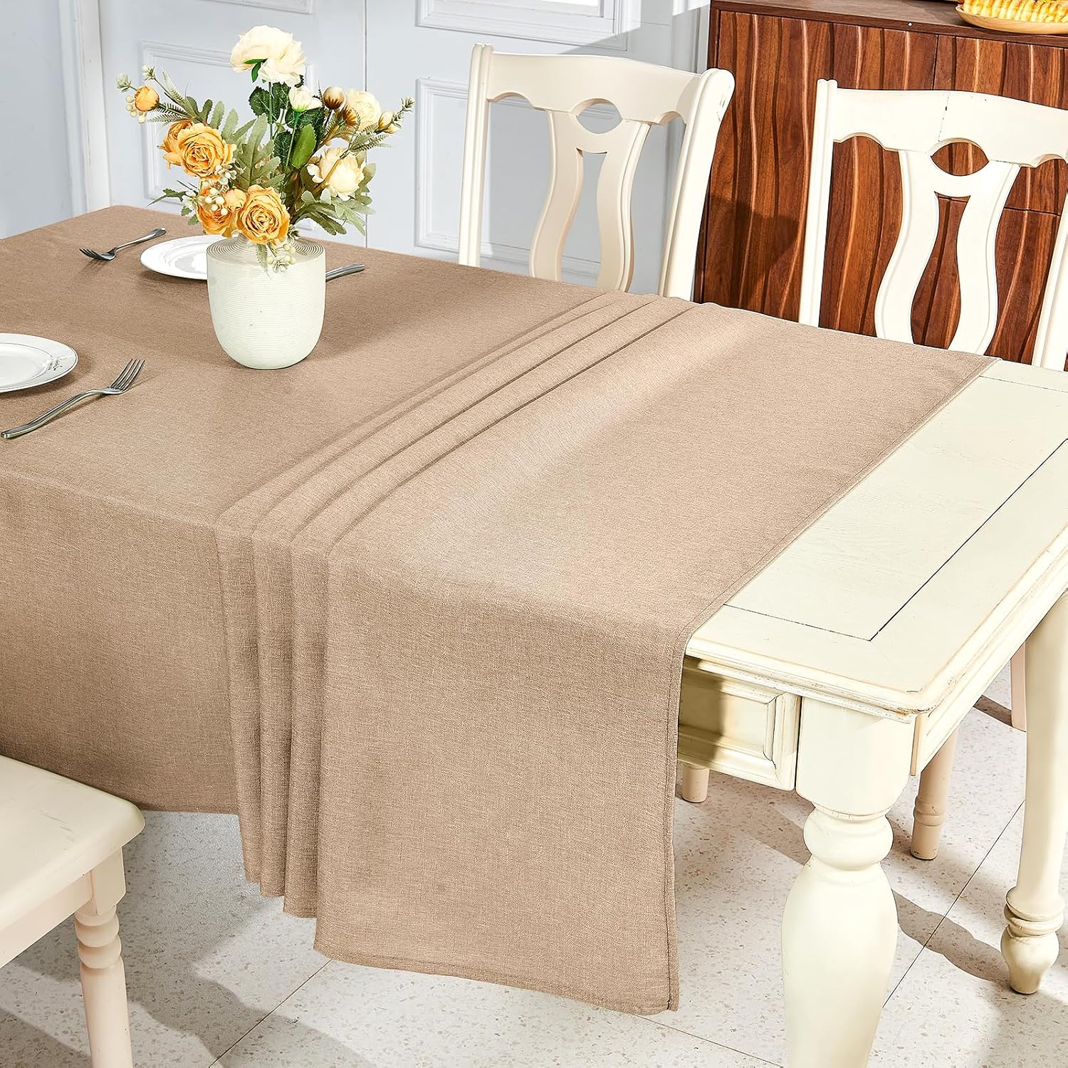 Detalle de IVAPUPU Textured Linen Table Cloth for Rectangle Tables – Khaki 60 x 84 Inch