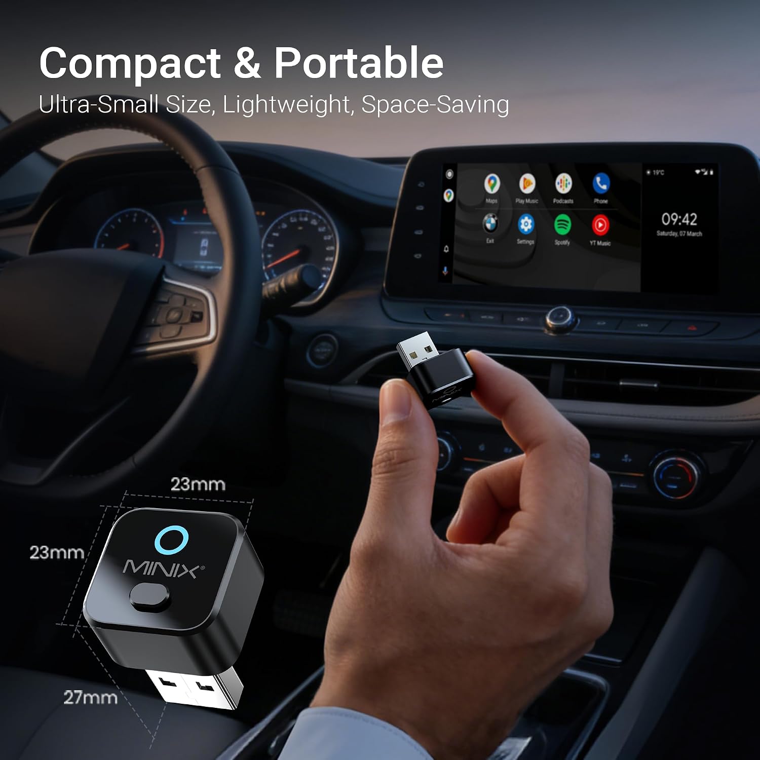 Detalle 2 de MINIX CA525: Adaptateur CarPlay sans Fil 2-en-1 — CarPlay & Android Auto sans Fil en USB-C/USB-A