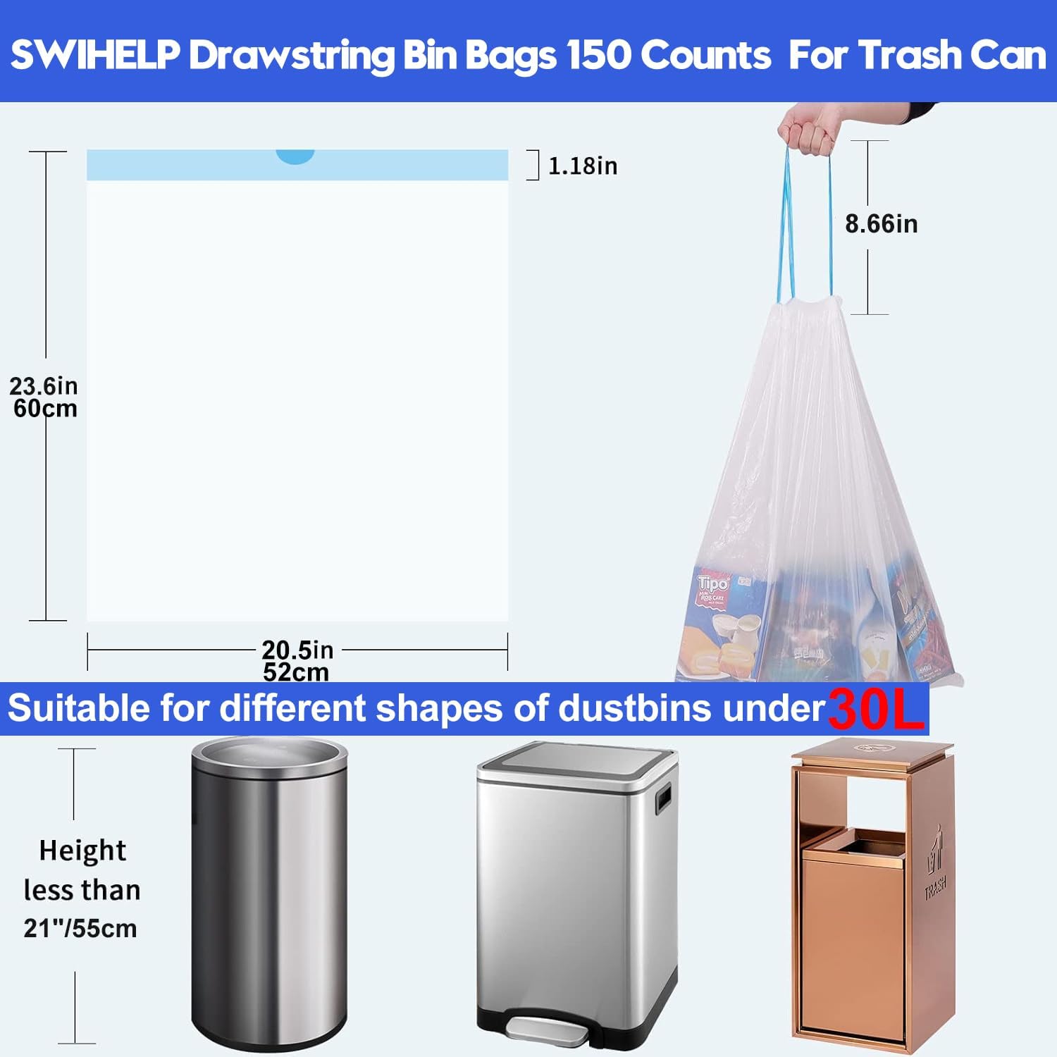 Detalle 2 de SWIHELP trekkoordvuilniszakken 25-30 liter, 150 stuks, 52 x 60 cm