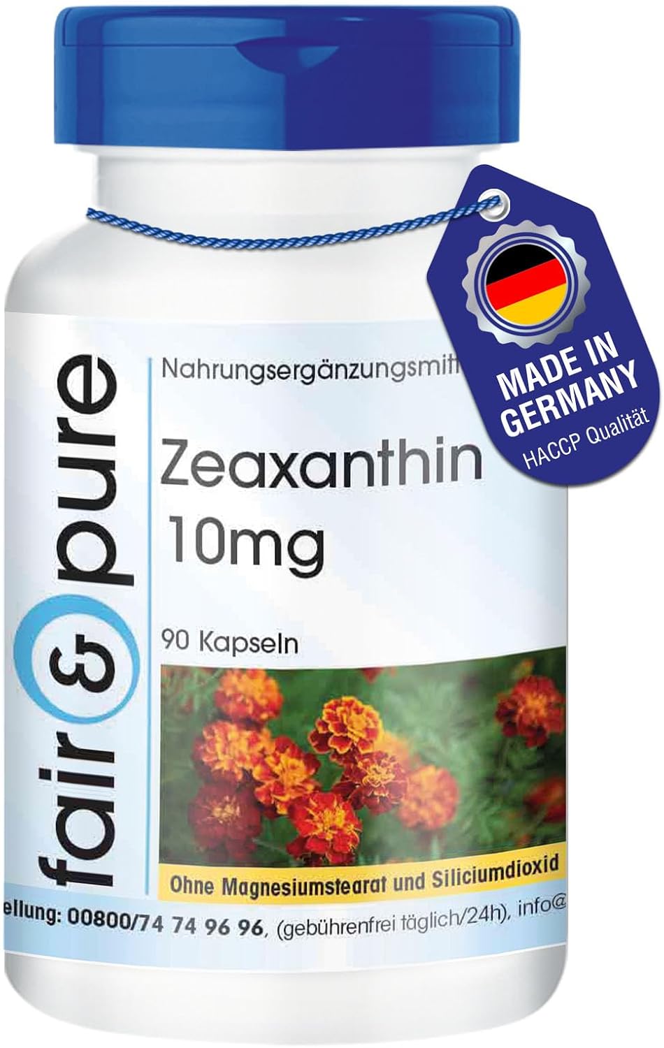 Detalle de Fair & Pure Zeaxanthin 10 mg – 90 Kapseln, schluckfreundlich, aus Tagetesblüten-Extrakt, vegan, hergestellt in Deutschland